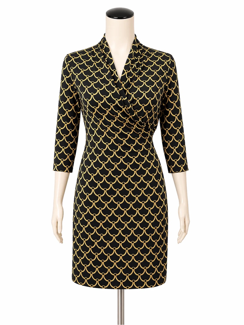 J. McLaughlin Black Gold Bamboo-Print 3/4 Sleeve Catalina Faux Wrap Dress Med.